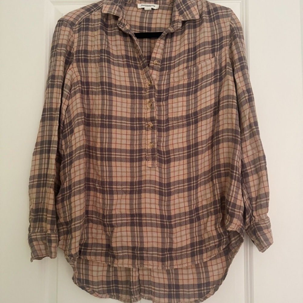 beach lunch lounge collection women’s plaid soft button shirt top size Medium
